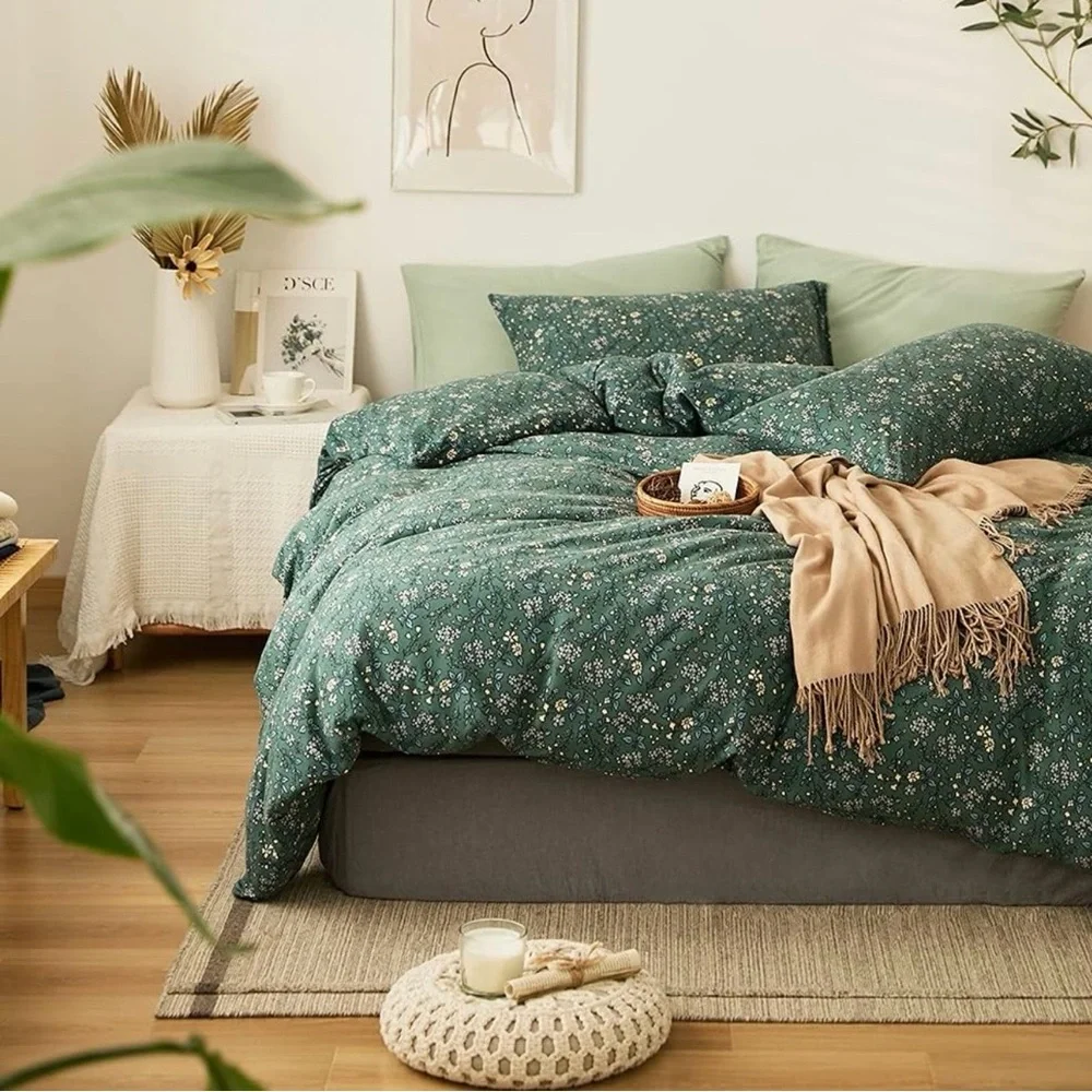 NEW Anthro Green Vintage Style Cotton Queen King Cotton Bedding Duvet & Sham Set